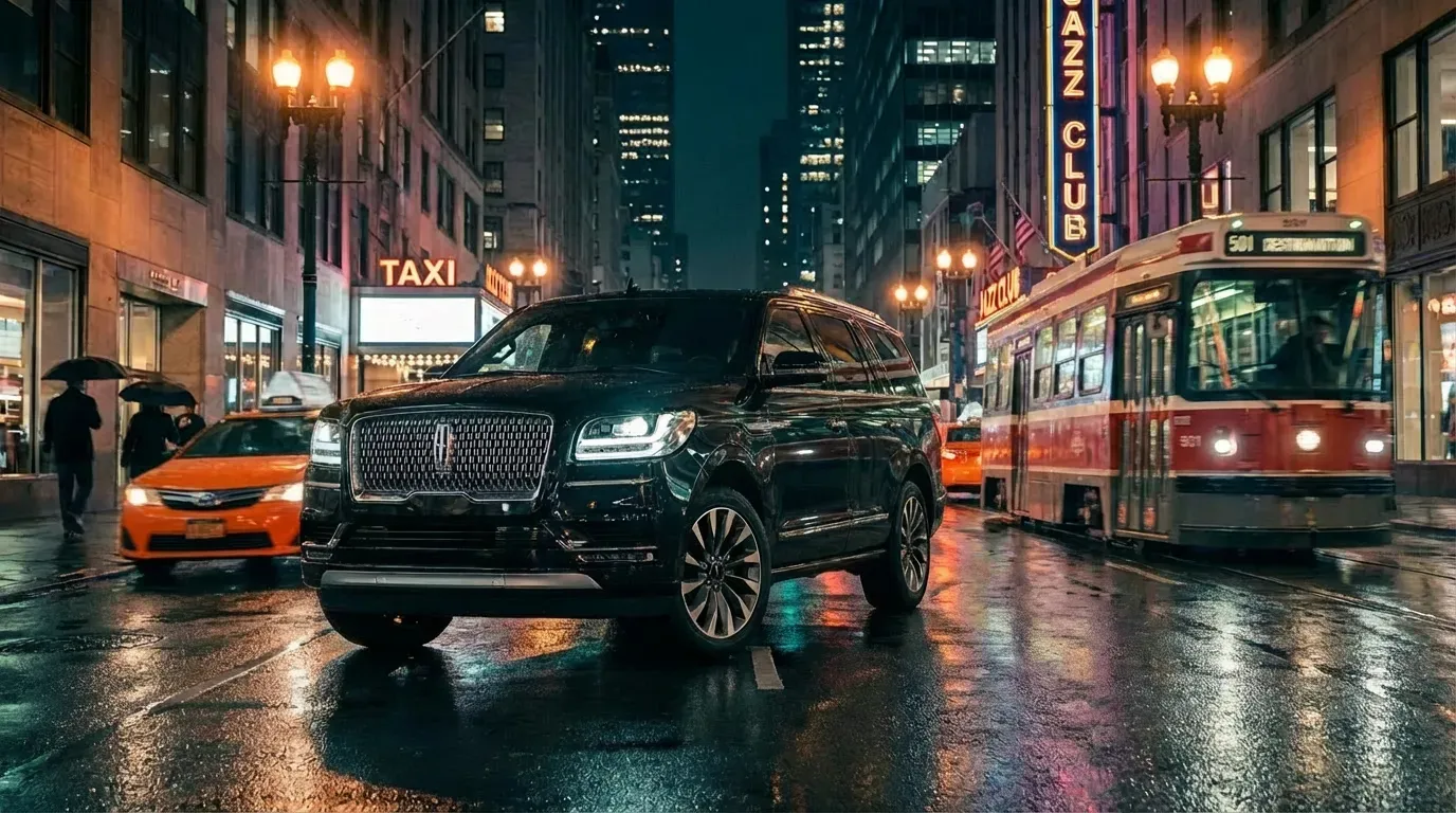 Luxury SUV on city street at night