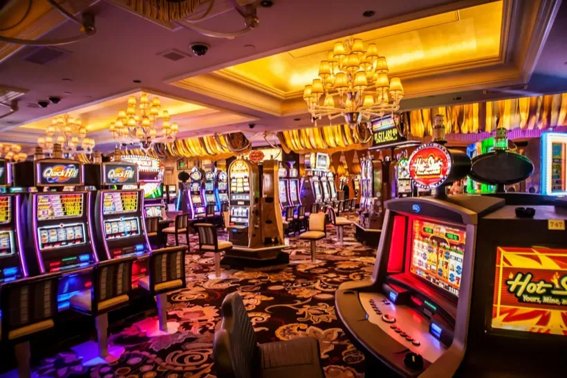 Warmly lit casino floor with gaming tables and chandeliers