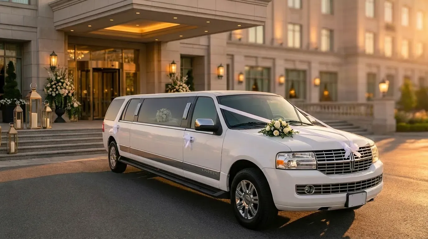 White limousine prepared for a wedding journey
